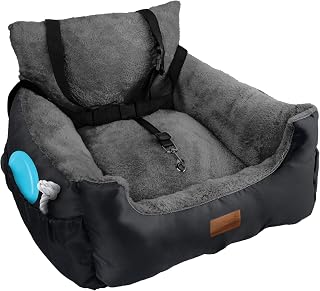 Furdreams Dog Car Seat, Plush & Cosy Pet Car Booster Seat for Small Dogs & Cats with Storage Pocket, Dog Bed with Safety Leash, Waterproof Liner & Non-Slip Base Travel Bed, 50x50x20cm (Black/Grey)