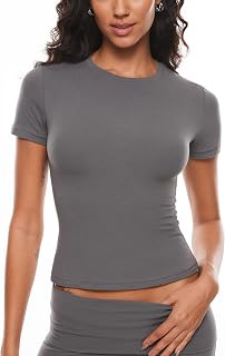 INLYRIC Camisetas de verano de manga corta para mujer, de algodón, a la moda, básica, informal, cuello redondo, de una sola capa