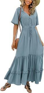 R.Vivimos Womens Summer Cotton Short Sleeve V Neck Floral Print Casual Bohemian Midi Dresses
