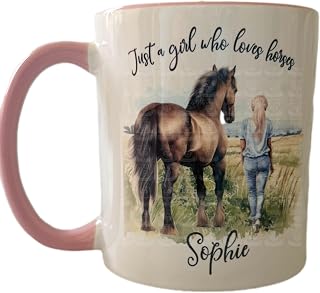 Personalised Horse Mug - Just a girl who loves horses water colour designed gift mug with blonde girl - For all occasions (Pink) Great Teacher Gift
