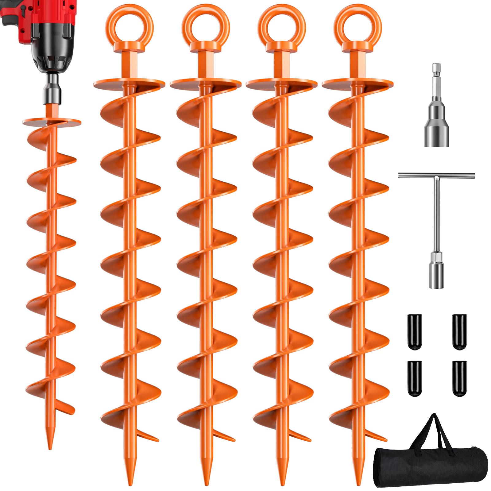 Phopich Ground Anchor Screw in, 4 Pack Spiral Trampoline Anchors with Nut and To