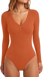 LYANER Women Long Sleeve V Neck Button Down Bodysuit