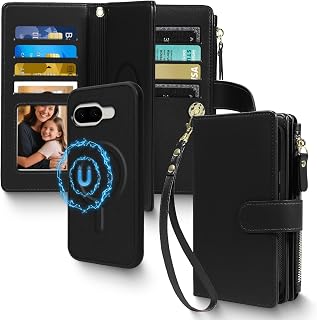 2 in 1 for Google Pixel 9/9 Pro / 10/10 Pro 6.3" Wallet Case Magnetic Compatible with Magsafe RFID Blocking Card Holder Detachable Phone Cover Zipper Purse Kickstand Wrist Strap for Men Black
