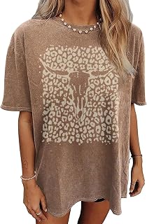 Western Cow Skull Shirts for Women Boho Cowgirl Shirt Vintage Acid Wash Tshirt Oversize Rodeo Graphic Tee Country Top