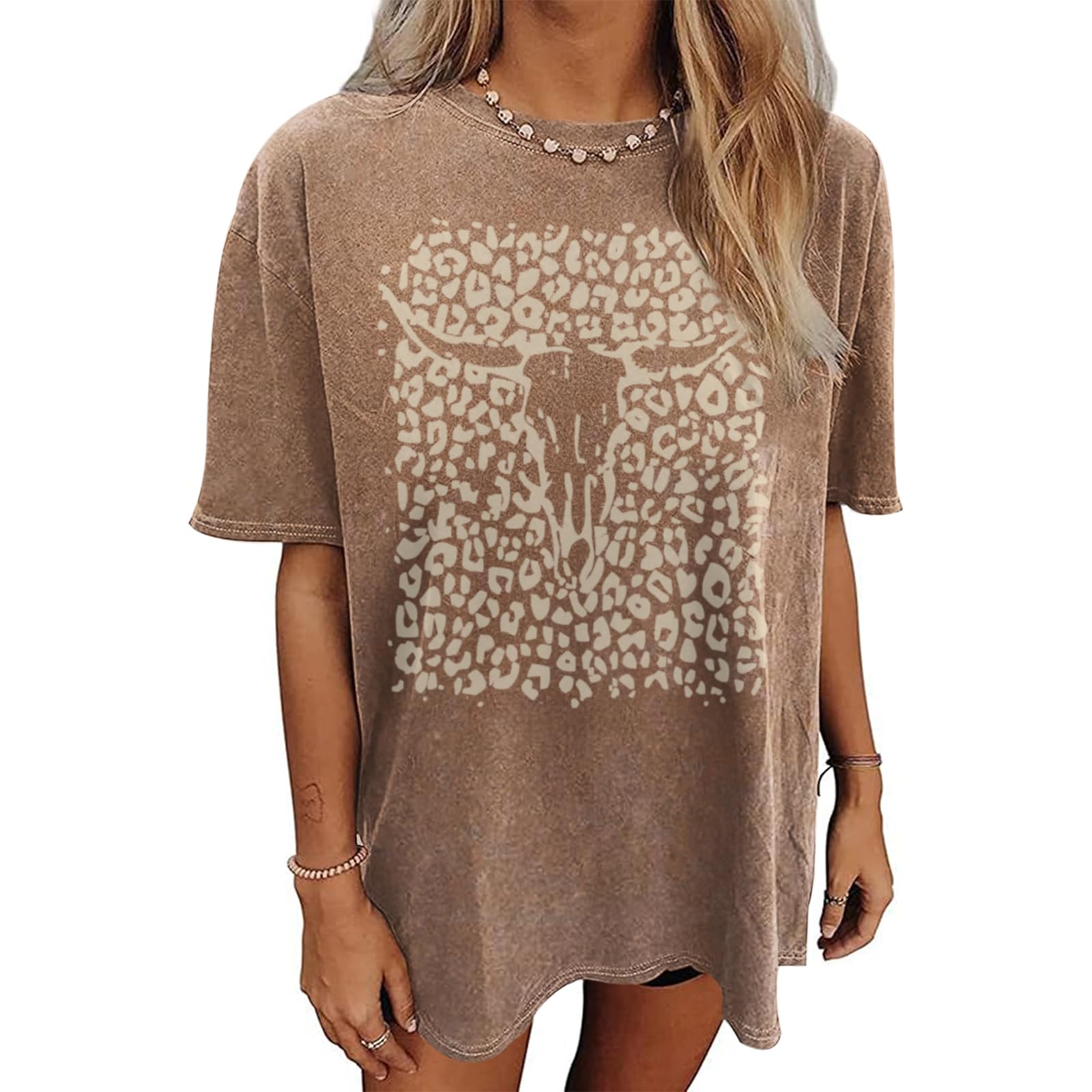 Western Cow Skull Shirts for Women Boho Cowgirl Shirt Vintage Acid Wash Tshirt O