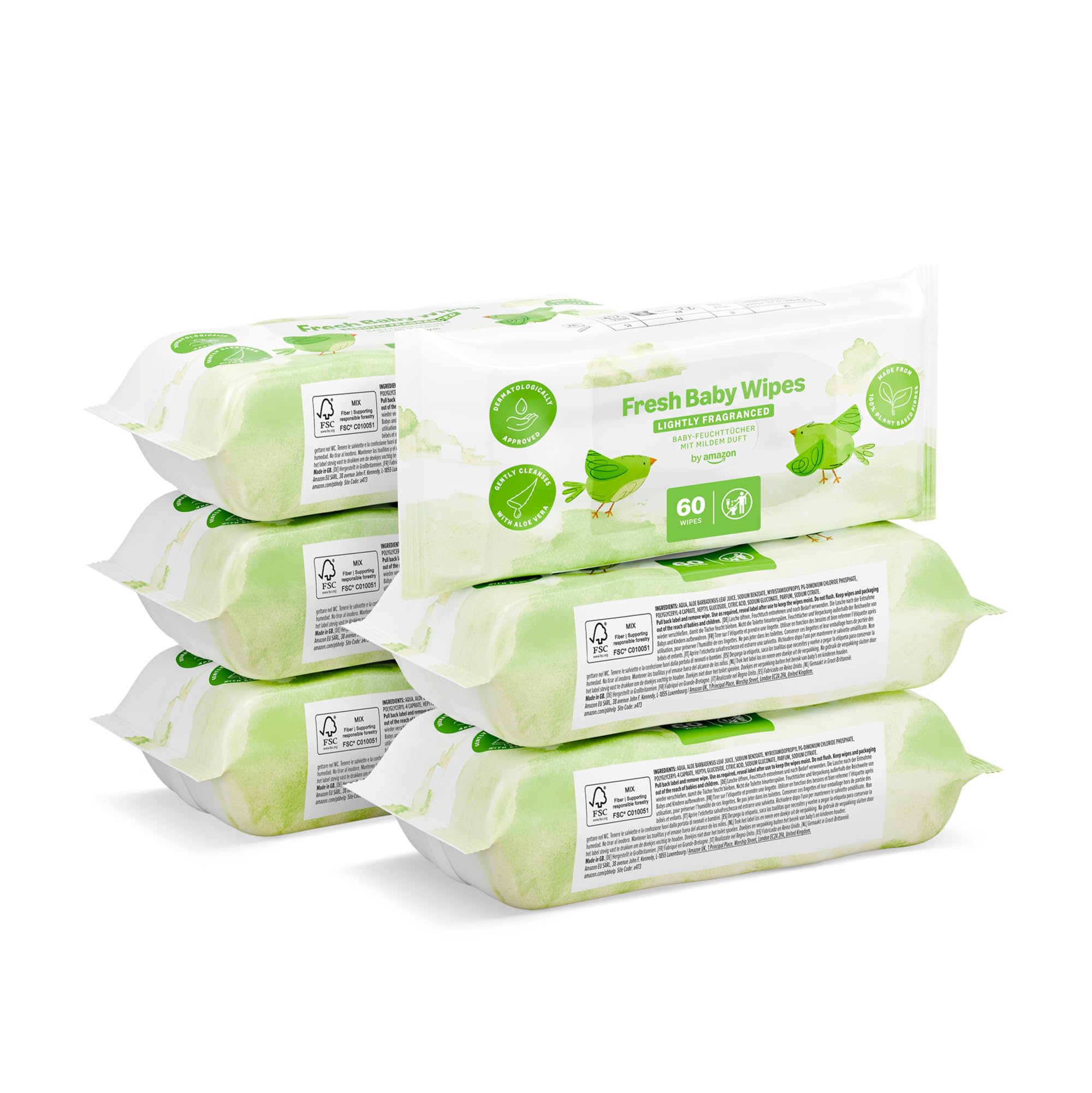 by Amazon Fresh Baby Wipes, 360 Wipes, 6 Pack of 60, Wipes Without Plastic