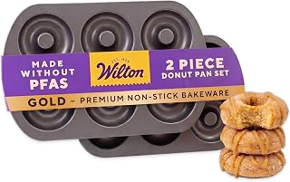 Wilton Gold Non-Stick Donut Pan Set, Made Without PFAS, 2-Piece | Non-Stick Steel with Scratch-Resistant Coating, Resists Warping, Dishwasher Safe, Perfect for Homemade Baked Donuts