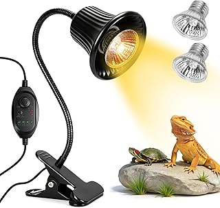Reptile Heat Lamp, 2H,4H,8H,10H Cycle Timer Stepless Dimming Adjustment | Small Heating Lamp for Reptiles with UVA UVB Basking Light for Turtle, Bearded Dragon, Lizard and More, for 3.3'' Bulbs