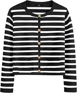 LILLUSORY Women's Crew Neck Gold Buttons Cardigan Sweaters Lady Jacket with Patch Pockets