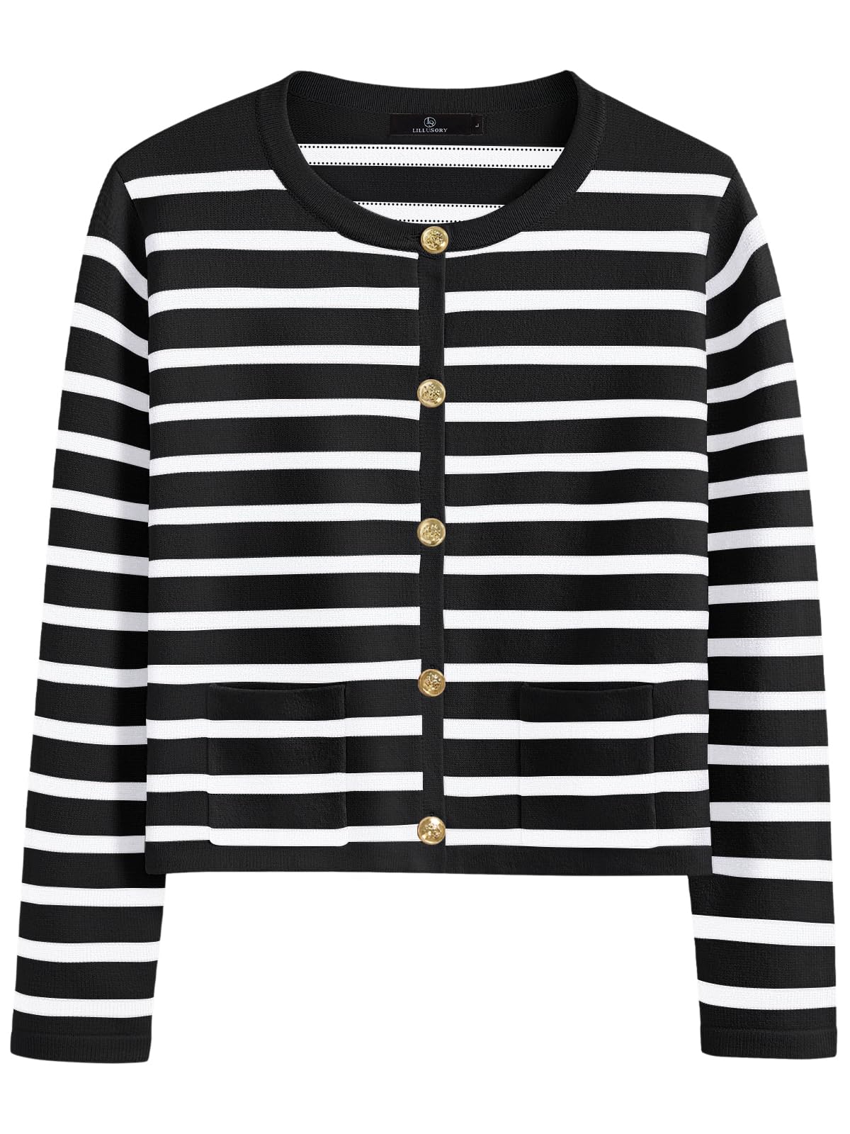 LILLUSORY Women's Crew Neck Gold Buttons Cardigan Sweaters Lady Jacket with Patc