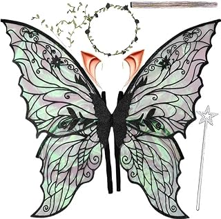 Fairy Wings for Adults, Fairy Costume Set with Floral Garland, Fairy Hair Tinsel, Wand & Elf Ears – 31.5"x21.6" Organza Butterfly Wings – Ideal for Cosplay, Party, Black