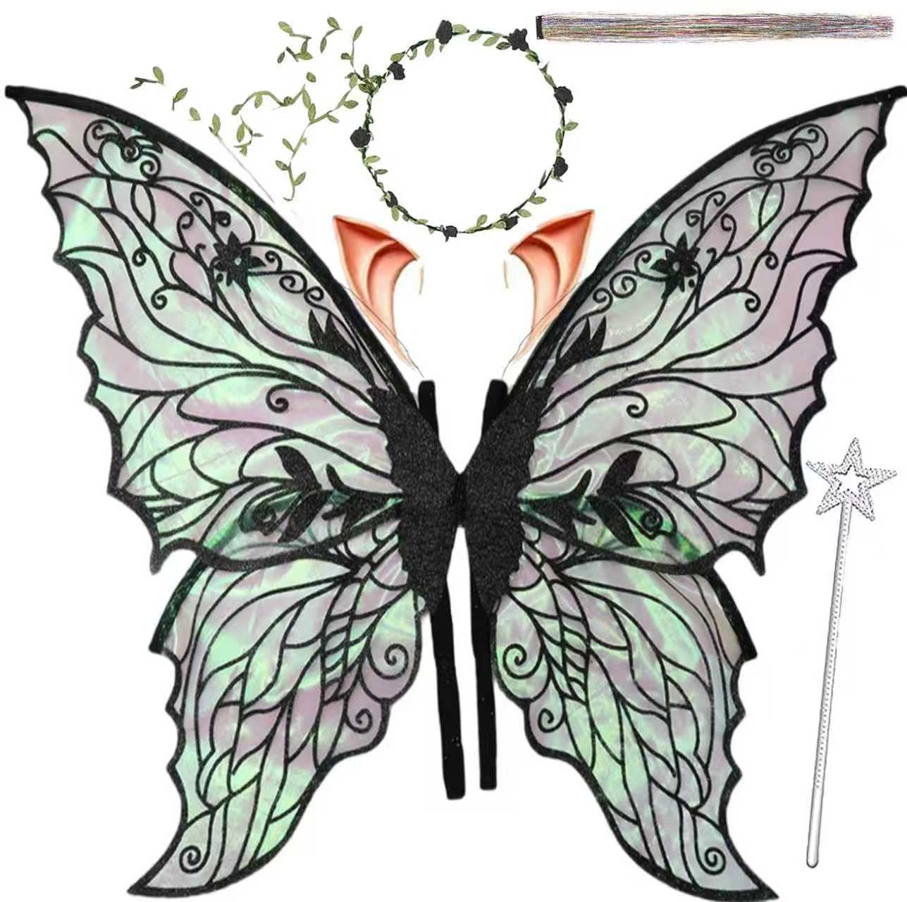 Fairy Wings for Adults, Fairy Costume Set with Floral Garland, Fairy Hair Tinsel