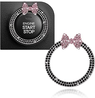 KPFILEH Bling Bow Car Engine Start Stop Button Decoration Ring, Black&amp;Pink | Cute Double Rhinestones Auto Key Ignition Button Ring Sticker, Sparkling Car Interior Buttons Accessories for Women