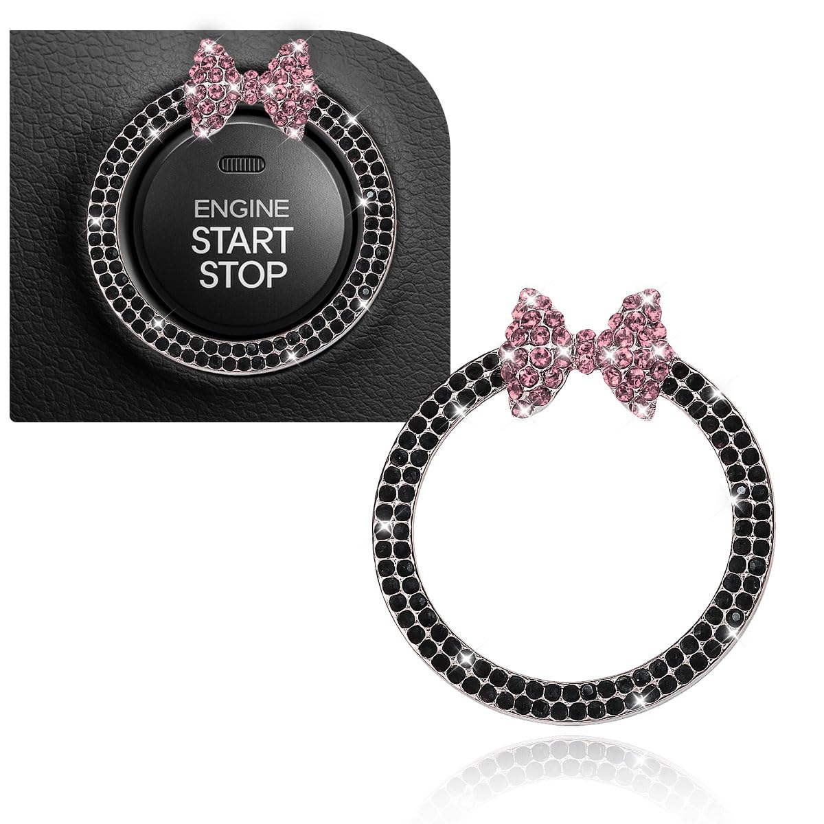 KPFILEH Bling Bow Car Engine Start Stop Button Decoration Ring, Black&amp;Pink |