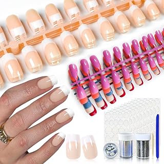 10 Pack Push Nails, Mixed Color Glossy Red Purple False Nails, Salon Pre-Designed Natural Nude White French Nail Art Tips, Daily Nail Gift for Women Girls with Adhesive Tab