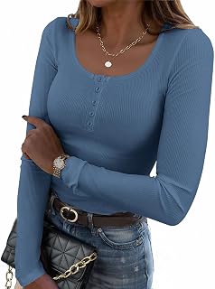 Zeagoo Women Shirts Long Sleeve Casual Square Neck Slim Fit Ribbed Knit Tops Basic T-Shirts 2025 Summer Fall Clothes