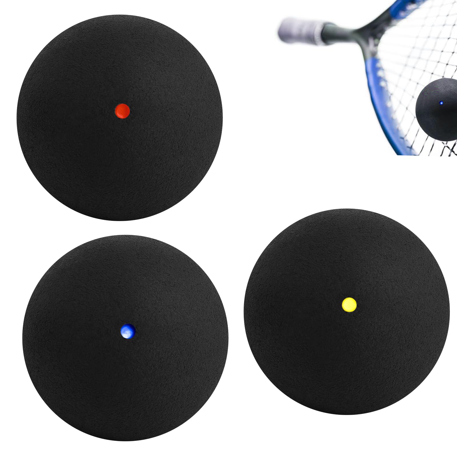 3 PCS Squash Balls - Yellow, Red, Blue Dot - Professional Grade Rubber Material 
