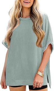 Tankaneo Women's Oversized T-Shirt Summer Casual Ribbed Short Sleeve Tunic Tops Loose Fit Dolman Sleeve Tops