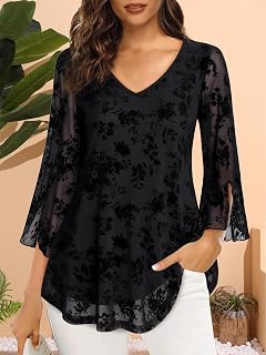 Women's 3/4 Work Blouses, Bell Sleeve, Double Layer, V-Neck, Mesh Elegant Casual Blouses S-XXL