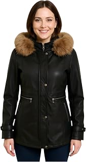 Women’s Real Leather Parka Jacket – Detachable Fur-Lined Hood Trench Coat