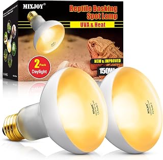 MIXJOY 150W Reptile Heat Lamp Bulbs, 2Pack Heat Lamp Bulbs for Reptiles Basking Bulbs UVA Daylight Basking Light Amphibians Heating Lamp Emitter for Lizard, Tortoise, Bearded Dragon Gecko, Chicken