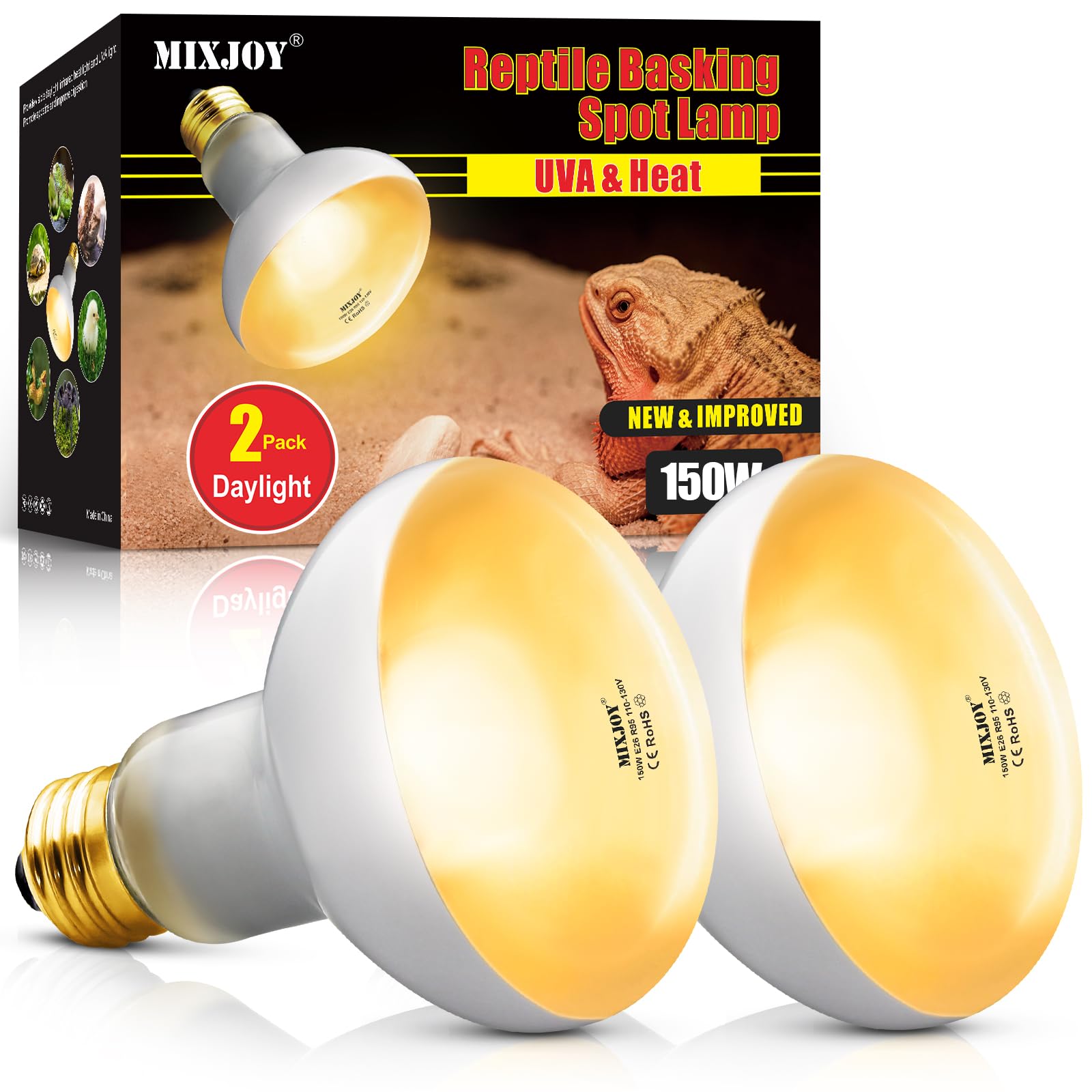 MIXJOY 150W Reptile Heat Lamp Bulbs, 2Pack Heat Lamp Bulbs for Reptiles Basking 