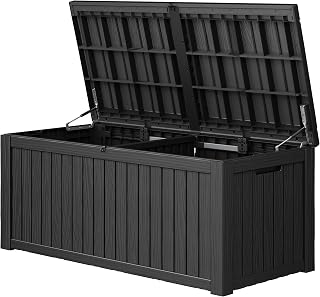 KAMABOKO 220 Gallon Outdoor Storage Box Waterproof Deck Box for Patio | Black Outside Storage Box with Removable Divider & Hydraulic Rod, Lockable Large Storage Chest for Patio Cushion Garden Pool