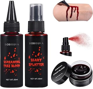 BOBISUKA 3PCS Halloween Fake Blood Makeup Kit - Coagulated 1.41oz + Spray 1.76oz + Dripping 1.76oz, Realistic Washable SFX Makeup for Zombie Monster Mouth Clothes Dress Up