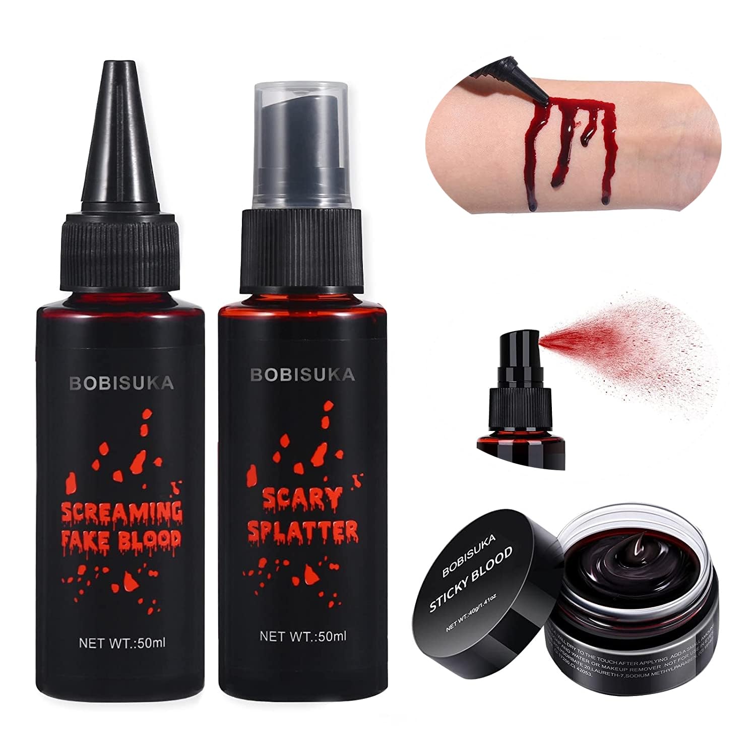 BOBISUKA 3PCS Halloween Fake Blood Makeup Kit - Coagulated 1.41oz + Spray 1.76oz