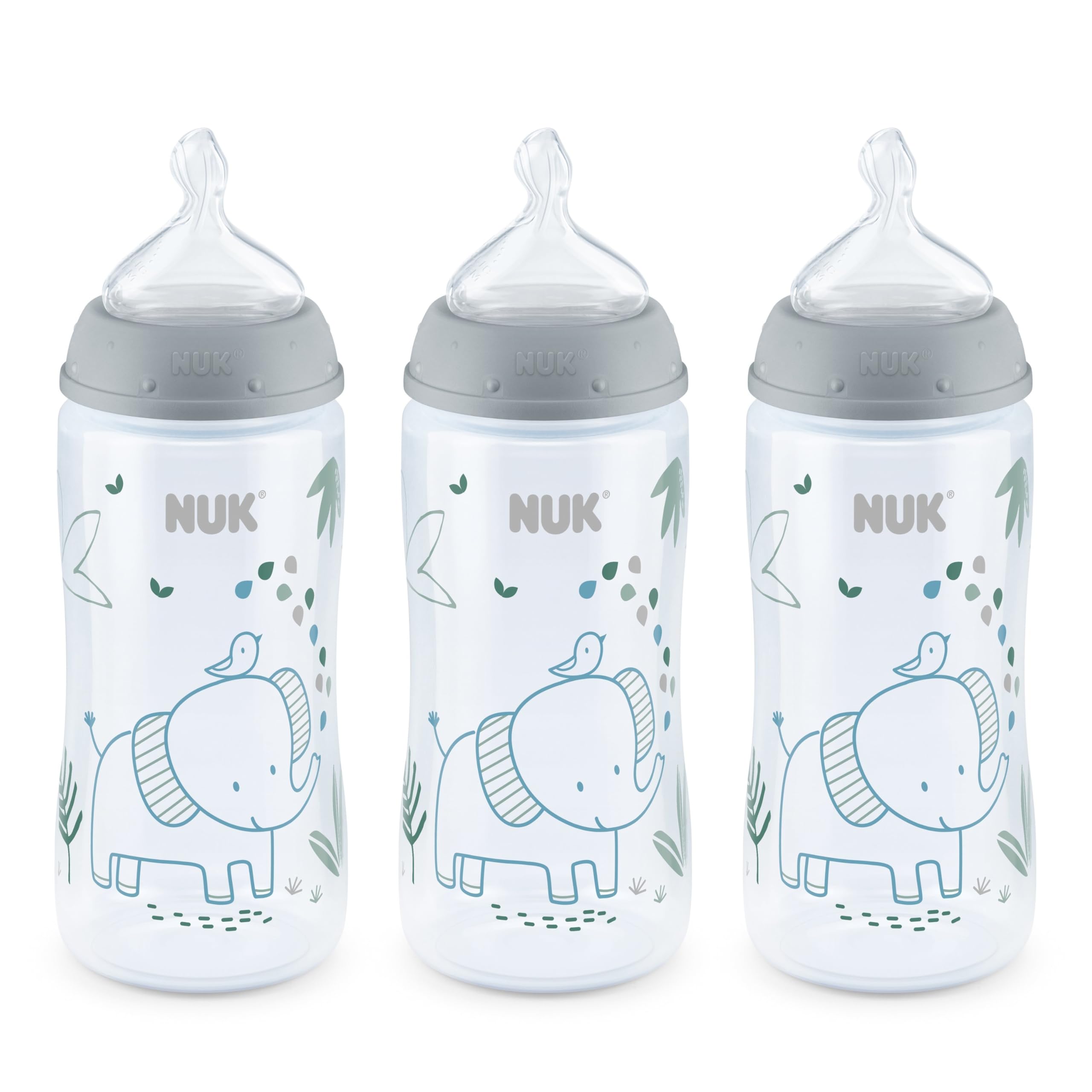 NUK Smooth Flow Anti-Colic Baby Bottle, 10 oz (300 mL), Grey Elephant, 3 Pack