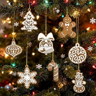 8PCS Christmas Hanging Gingerbread Ornaments Assorted Styles (Tree, Bell, Candy Cane, Snowman, Gingerbread Man) for Indoor Decorations, Party Favors