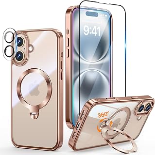 [Tri-Shield Protection] for iPhone 16 Plus Case with 360° Spin Stand Compatible with MagSafe [Magnetic CD Ring] [Screen & Camera Lens Protector] Shockproof Plating Never-Yellowing, Desert Gold-6.7"