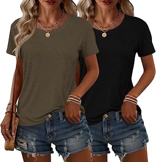 KILISU 2PCS Women Short Sleeve T Shirts Crew Neck Solid Soft Basic Tee Casual Loose Fit Lightweight Summer Tops Clothes 2026