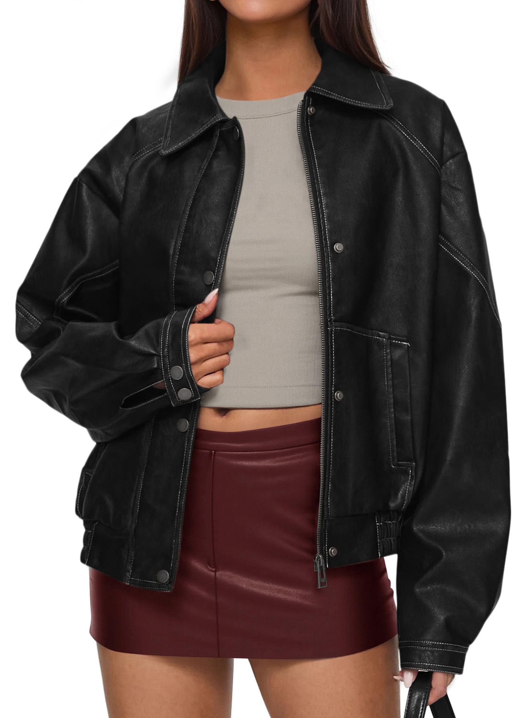 PRETTYGARDEN Faux Leather Jacket Women's Bomber Jacket Zipper Oversized Jackets 