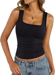 EasyGala Womens Cotton Ribbed Square Neck Tank Tops Fitted Sleeveless Shirt