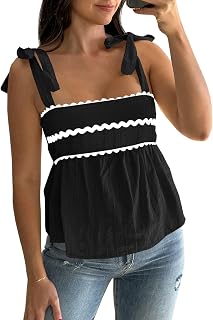 Women's Cute Tank Top Summer Casual Peplum Babydoll Square Neck Tie Strap Backless Shirt