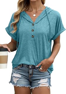 isermeo Womens Oversized Short Rolled Sleeve Summer Hoodie T Shirt 2024 Trendy Henley Button Tshirts S-XXL
