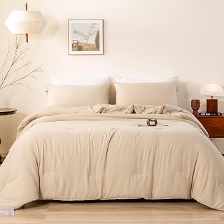 Comforter Set Full Size Bedding, Super Soft Comfy Cozy Solid Double Bed Blanket 1 Down Alternative Comforter and 2 Pillowcase Fluffy Softness Light Weight All Season Use, Khaki Beige