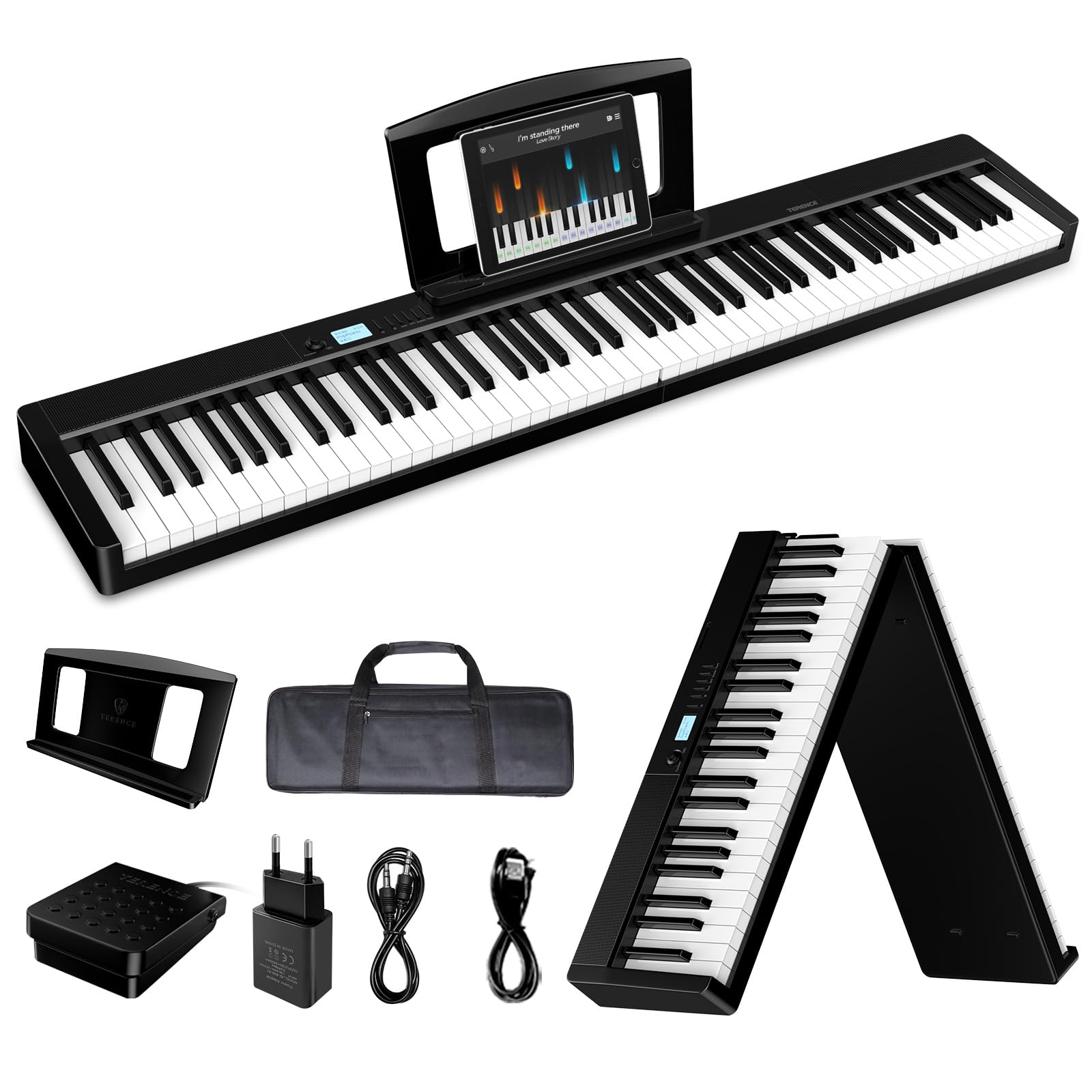 TERENCE Folding Piano Keyboard 88-key Semi-weighted Keyboard 1800mAh Battery 10W