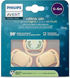 Philips Avent ultra air Pacifier 0-6m, light yellow/tropical night, day+night 3 pack, SCF087/23 (Light Yellow/Tropical Night)