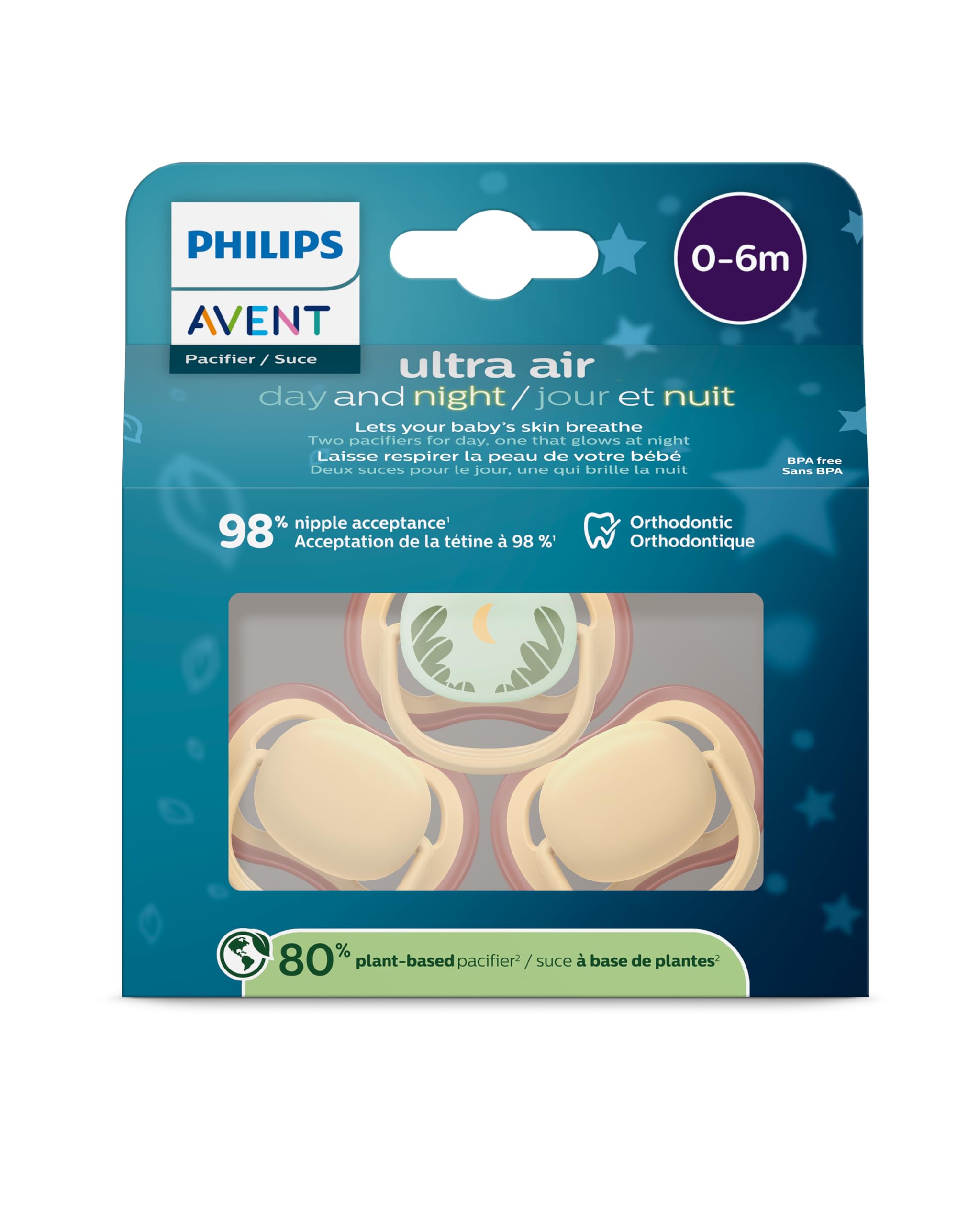 Philips Avent ultra air Pacifier 0-6m, light yellow/tropical night, day+night 3 