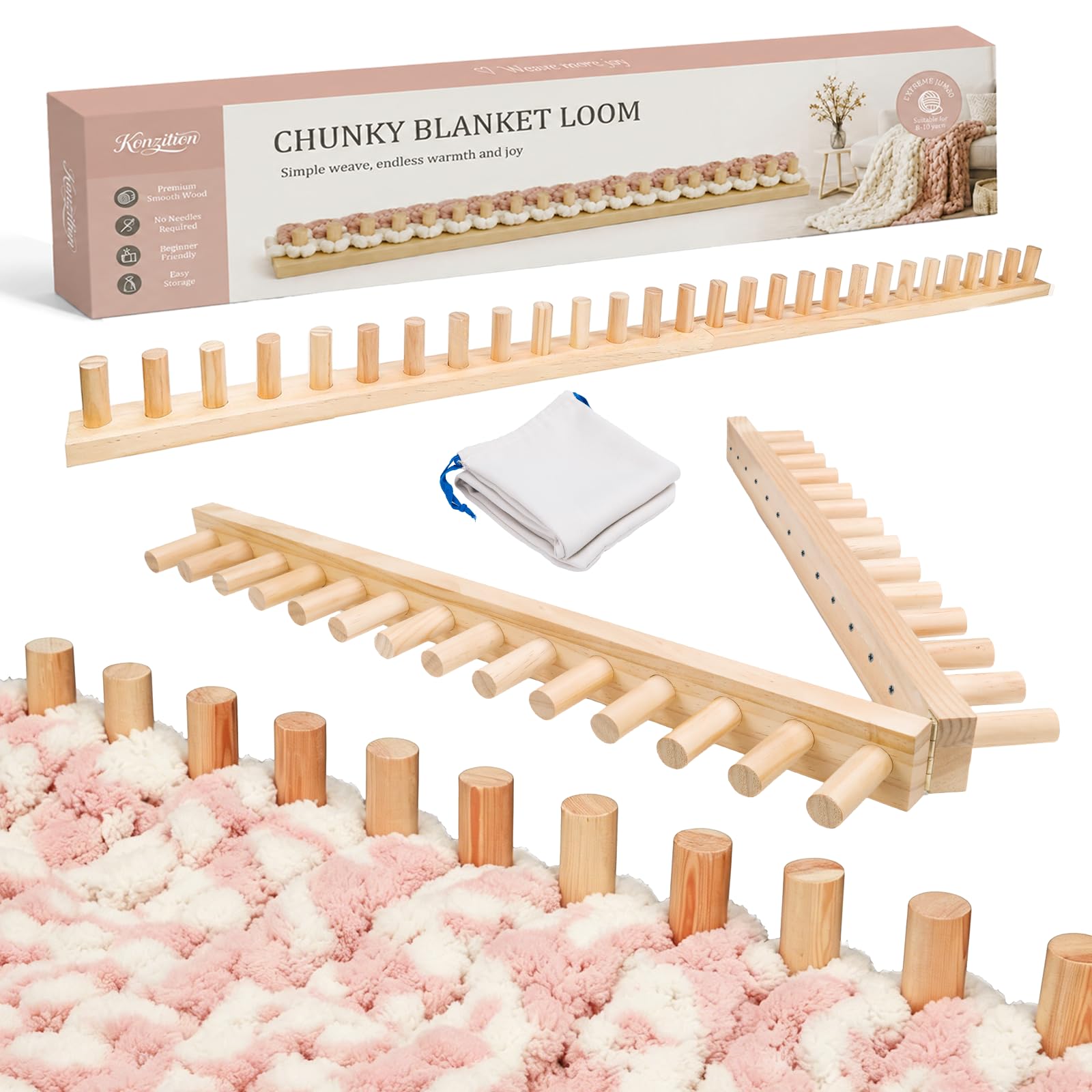48" Solid Wood Chunky Blanket Loom for Chunky Yarn to Knit without Needles | Fol