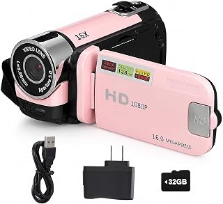 Portable Digital Camcorder Video Camera 1080P DV Camera Vlog Recorder | 2.7-inch LCD Screen 16x Digital Zoom and Built-in Battery with 32GB Card for Teens Beginners(Pink)
