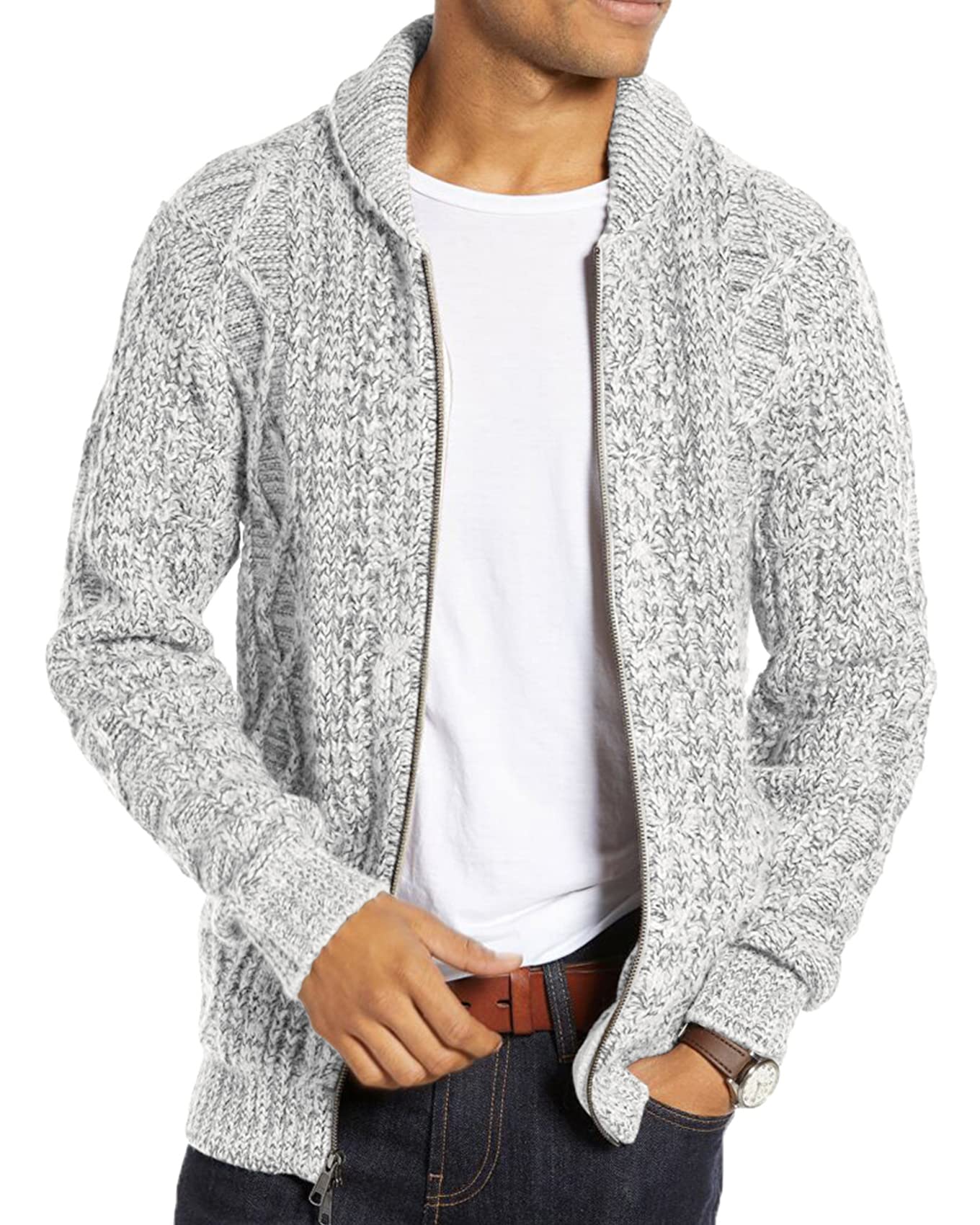 Runcati Men's Cardigan Long Sleeve Collar Cardigan with Cable Knit Zip Jacket Kn