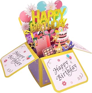 ROBBEAR Funny Happy Birthday Pop Up Card, Sweet 3D Birthday Gift Box for Adults and Kids with Envelopes, Unique Handmade Foldable Celebration Cards for Daughter, Son, Mom, Dad, Friend
