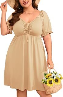 ZOMVA 2025 Plus Size Dress for Curvy Women Tie Front Sweetheart Neck Puff Short Sleeve Swing A Line Midi