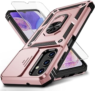 Vinve for Samsung Galaxy A13 5G Case, Slide Camera Cover，HD Screen Protector，Military Grade Magnetic Ring Holder Shockproof Kickstand Protective Case, Rose Gold