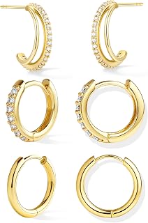 Inerney 14K Gold Plated Huggie Hoop Earrings for Women, Small Sterling Silver Earring Set Hypoallergenic Cartilage Helix Stacks, Mini Dainty Cute Trendy Birthstone Jewelry Gift for Multiple Piercings