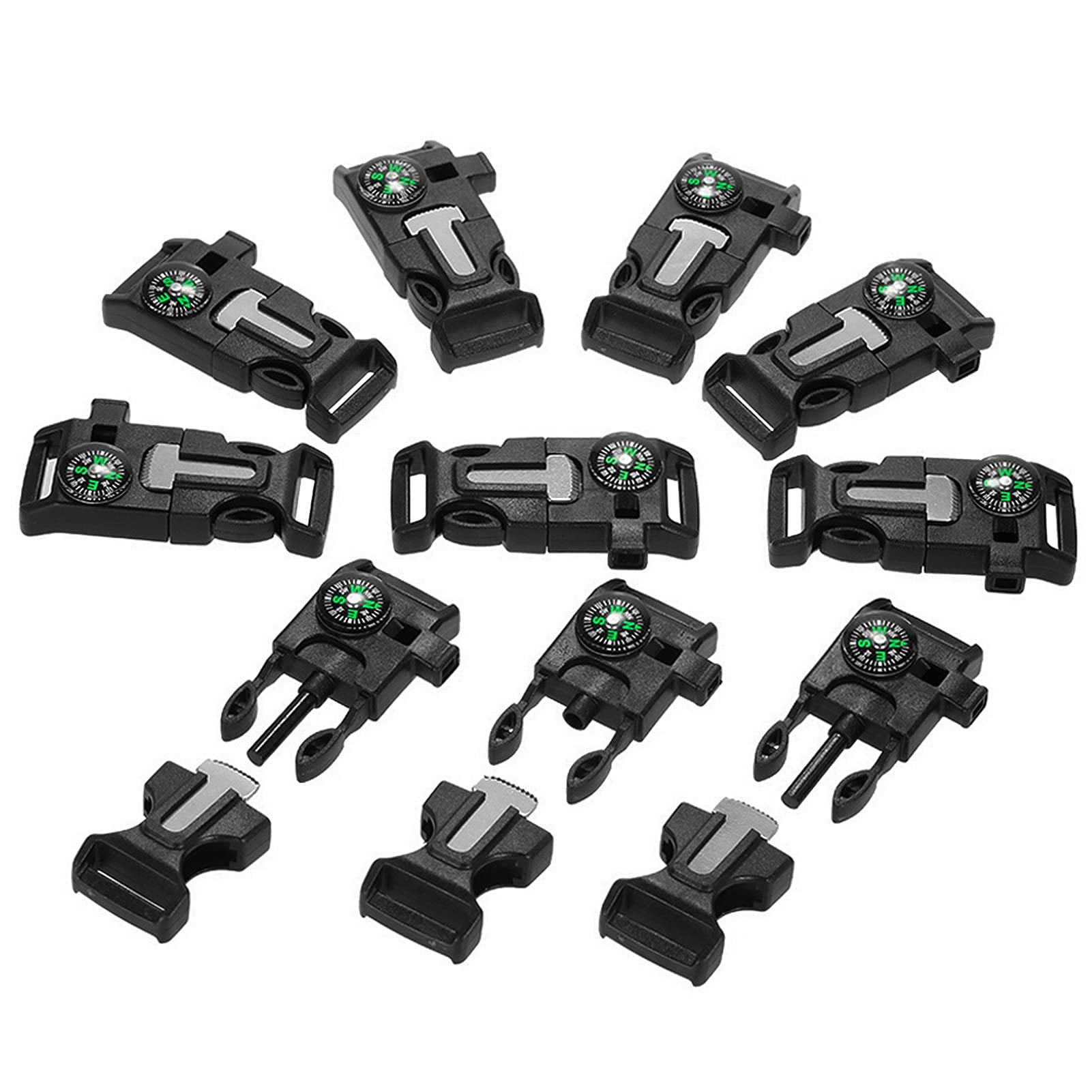 Lixada 10Pcs Emergency Whistle Buckle with Flint Scraper Fire Starter and Compas
