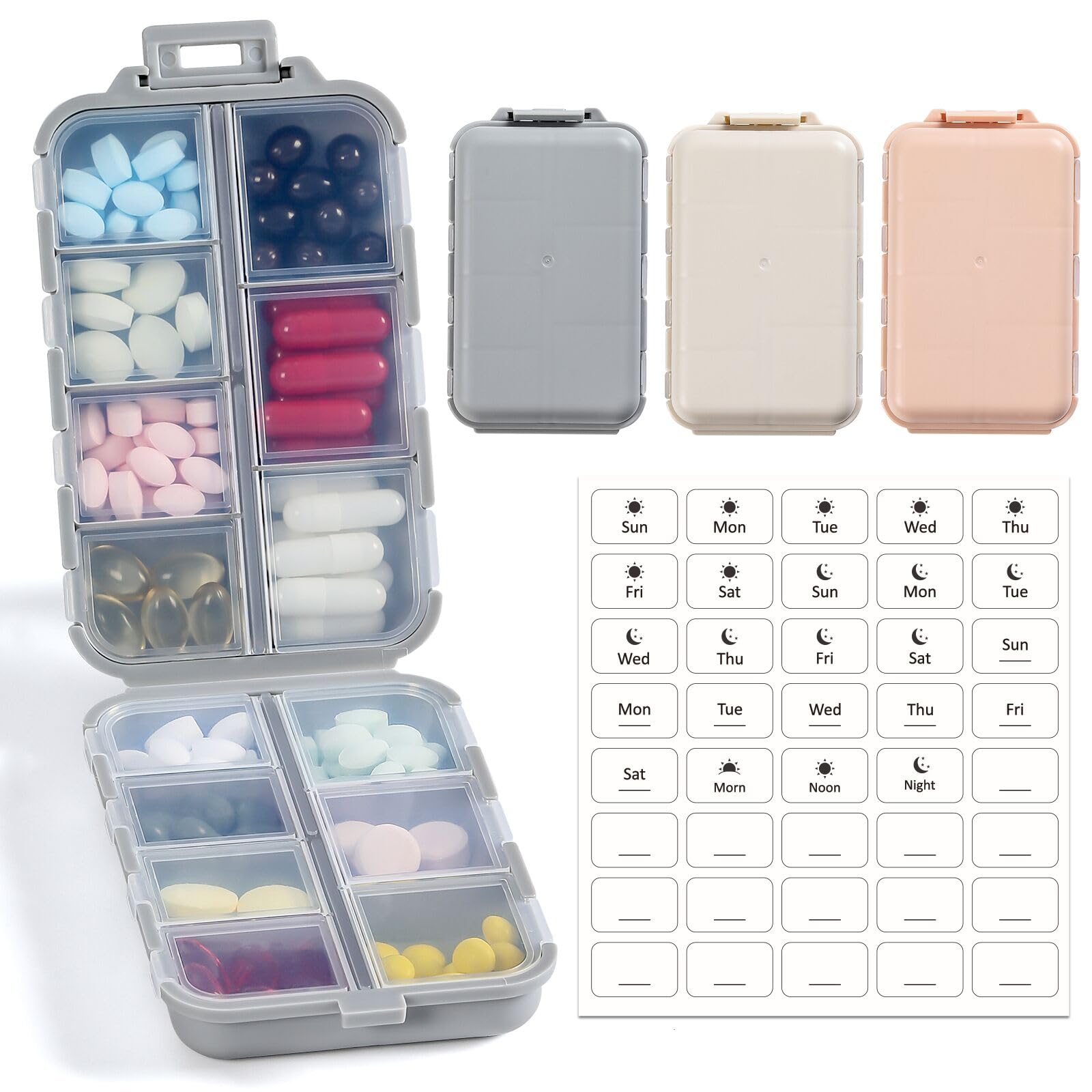 Foldable & Portable 3 Pack 14 Grids Travel Pill Organizer Box with Labels | Pock